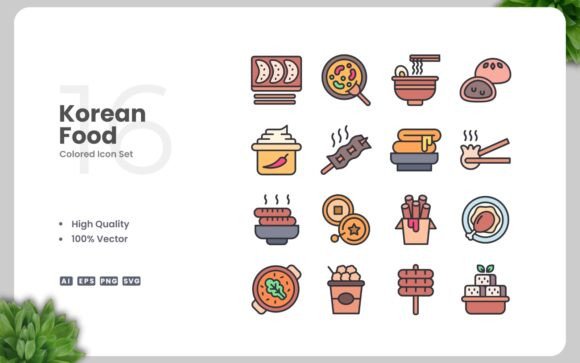 Korean Food Colored Icons Graphics for Real Crafts