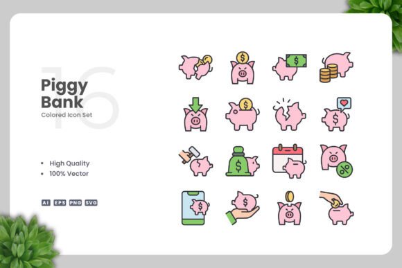 Piggy Bank Colored Icons: Graphics for Handmade Crafts