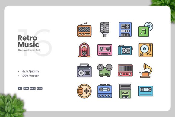 Retro Music Colored Icons for Graphics and Icons